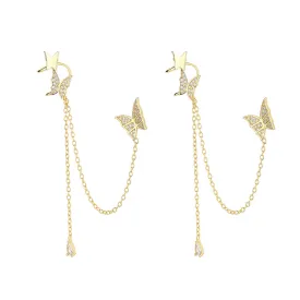 14K Gold Butterfly Cuff & Climber Drop Earrings with Genuine Crystals