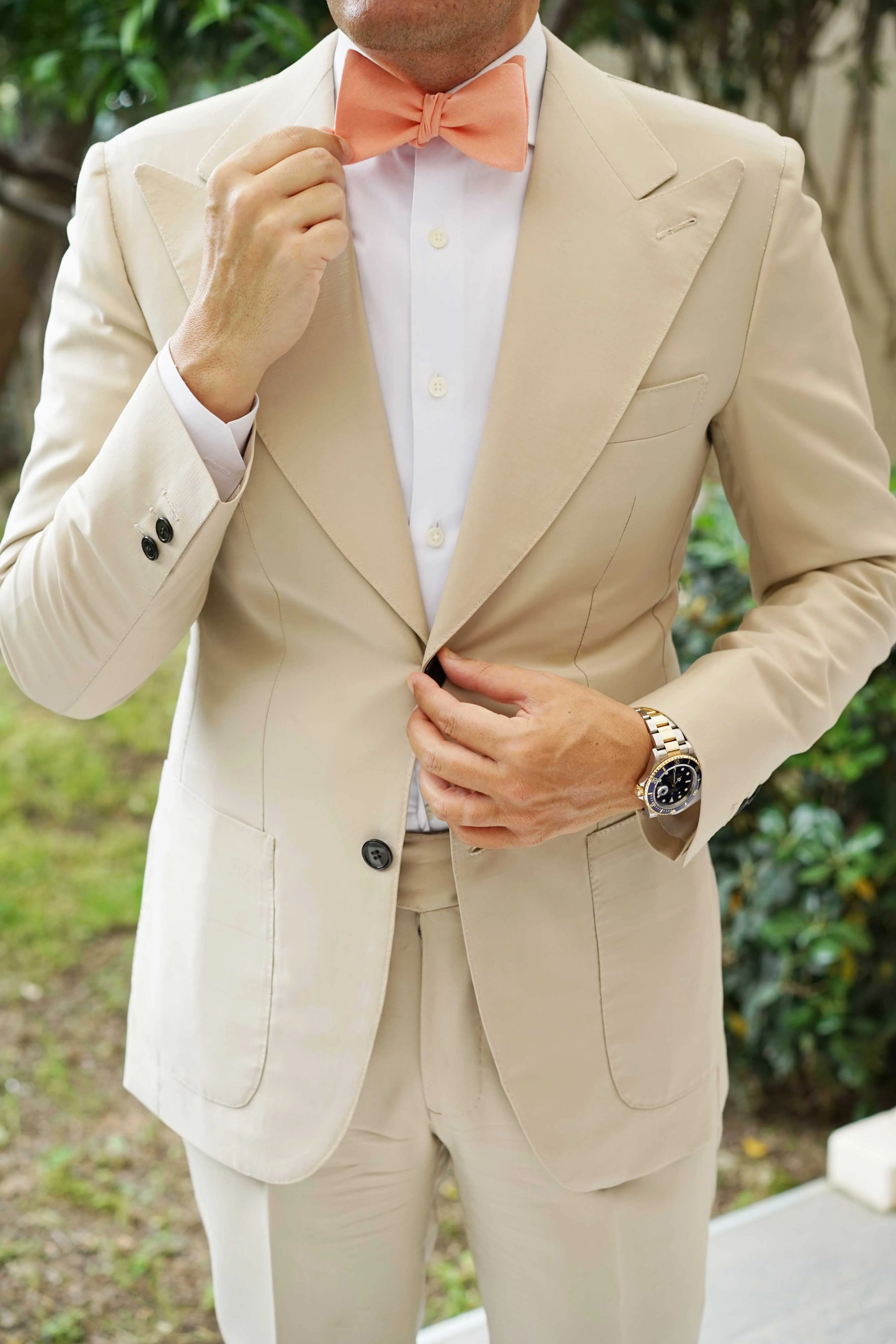 Apricot Peach Slub Linen Self Tie Bow Tie