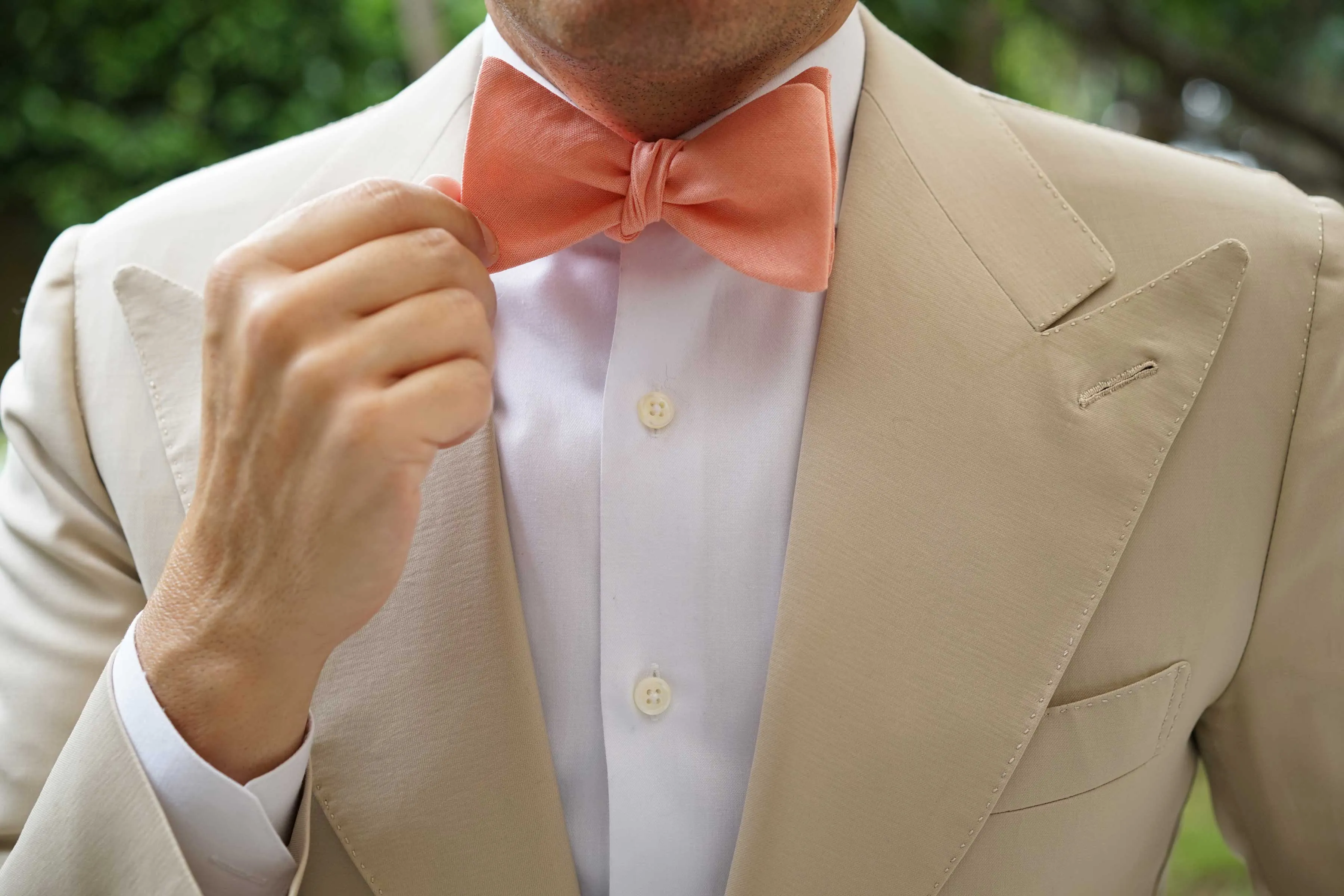 Apricot Peach Slub Linen Self Tie Bow Tie