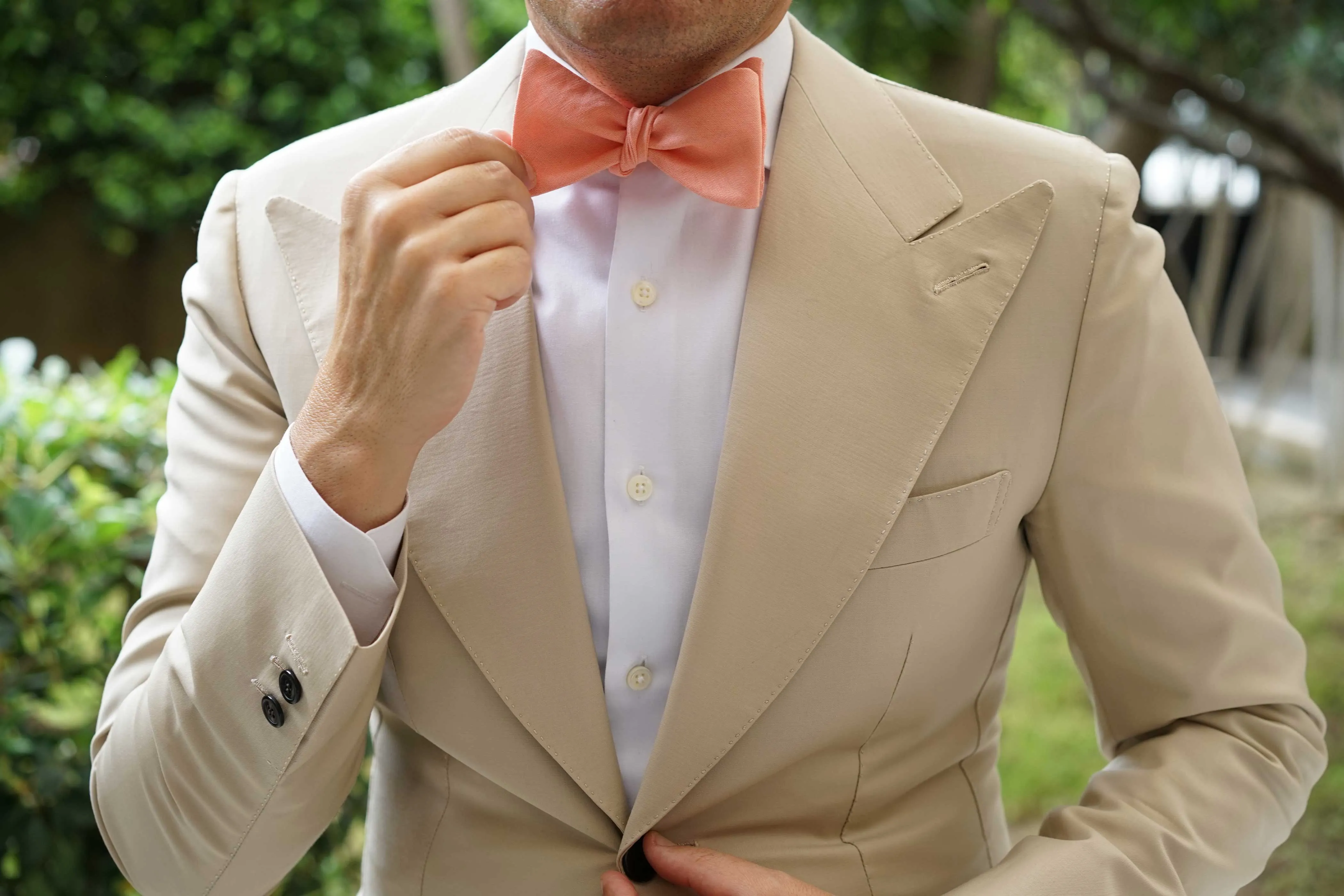 Apricot Peach Slub Linen Self Tie Bow Tie