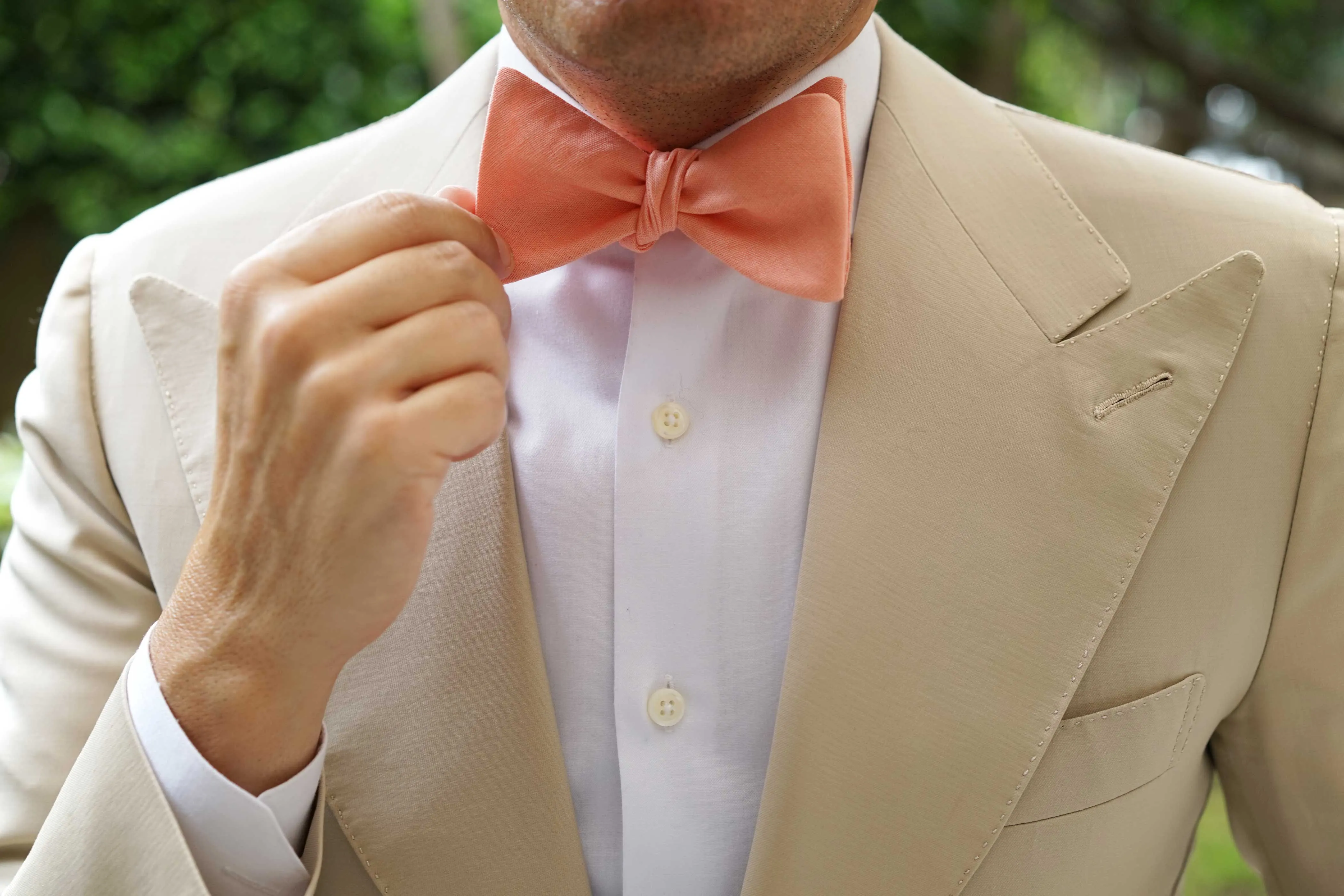 Apricot Peach Slub Linen Self Tie Bow Tie