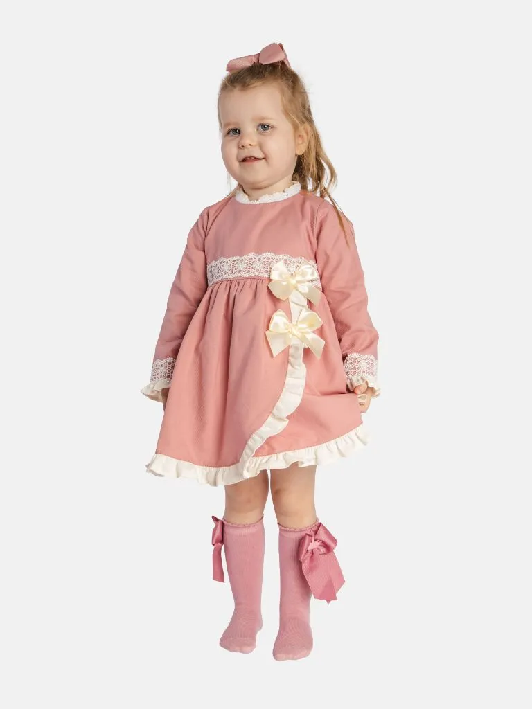 Baby Girl Lorianna Collection Spanish Dress with Ruffles and Bows-Dusty Pink