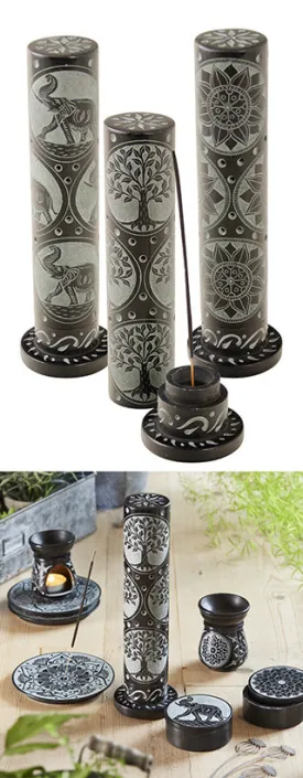 Black/Grey Soapstone Carved Incense Tower