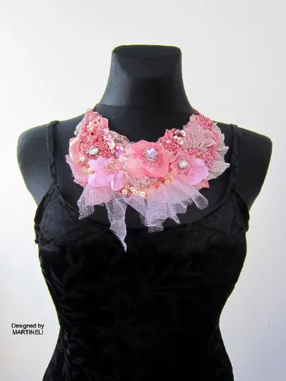Boho Chic Pink Floral Necklace,Bold Statement Embroidered Necklace
