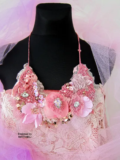 Boho Chic Pink Floral Necklace,Bold Statement Embroidered Necklace
