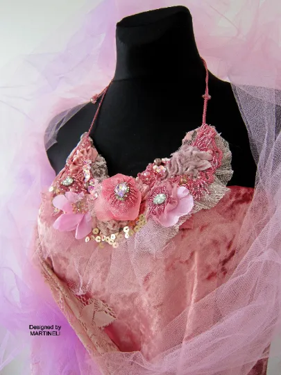Boho Chic Pink Floral Necklace,Bold Statement Embroidered Necklace