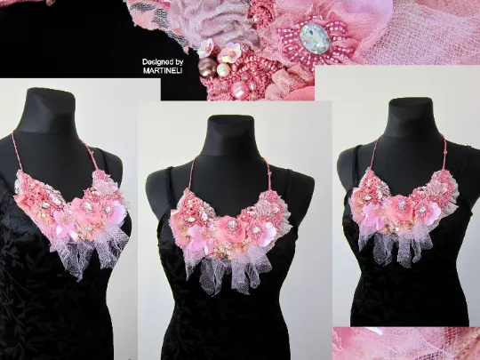 Boho Chic Pink Floral Necklace,Bold Statement Embroidered Necklace