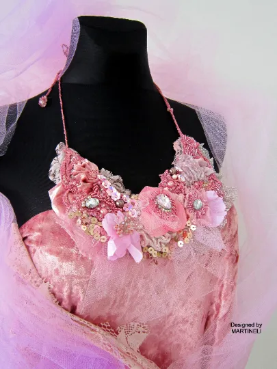 Boho Chic Pink Floral Necklace,Bold Statement Embroidered Necklace