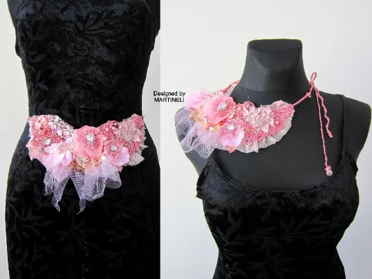 Boho Chic Pink Floral Necklace,Bold Statement Embroidered Necklace