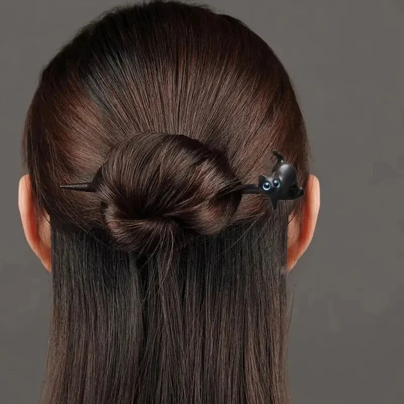 Carved Wood Kitty Hair Sticks