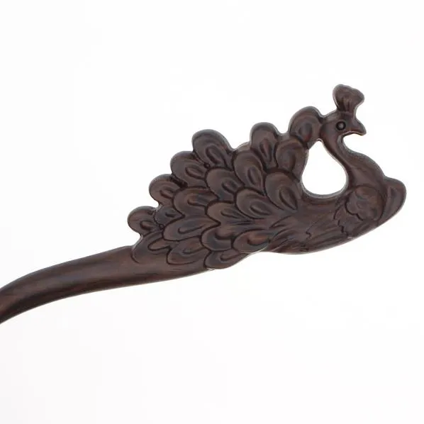 CrystalMood Carved Ebony Wood Flat-Back Peacock Hair Stick
