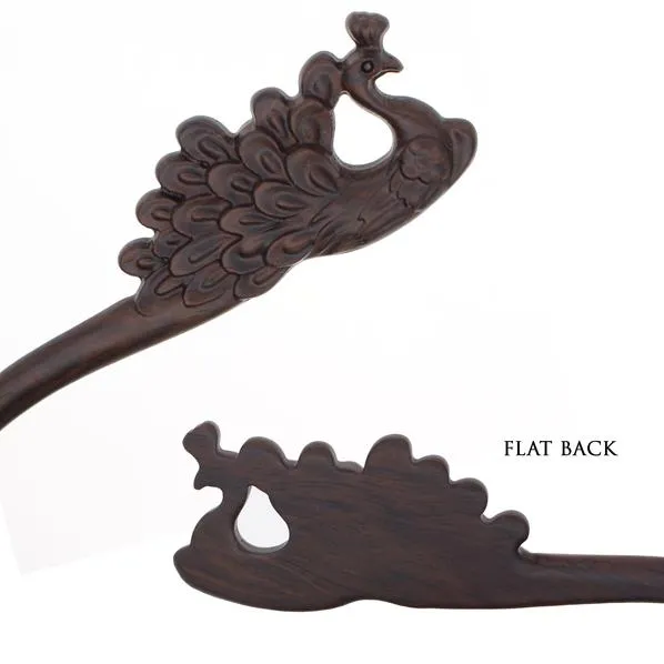 CrystalMood Carved Ebony Wood Flat-Back Peacock Hair Stick
