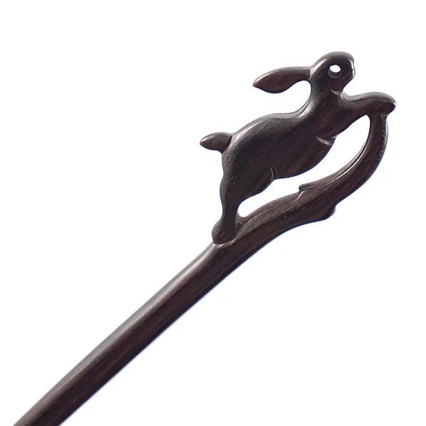 Crystalmood Handmade Carved Wood Hair Stick Hopping Rabbit