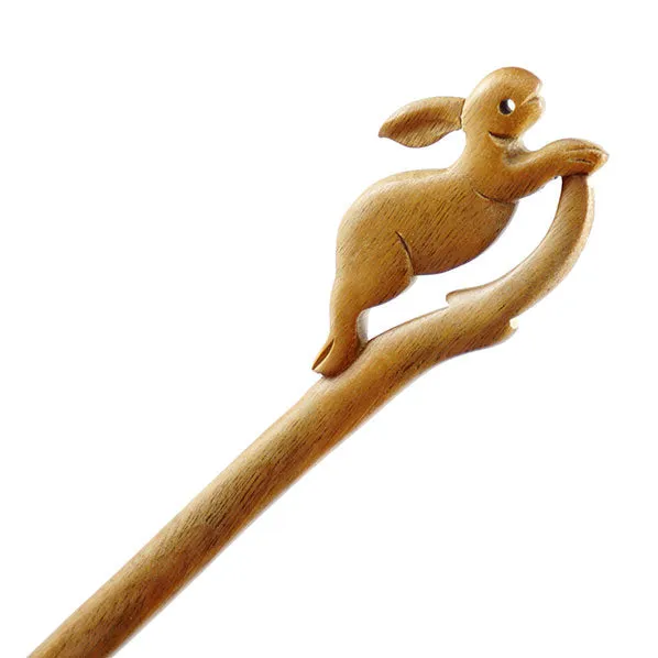 Crystalmood Handmade Carved Wood Hair Stick Hopping Rabbit