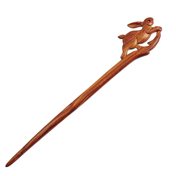 Crystalmood Handmade Carved Wood Hair Stick Hopping Rabbit