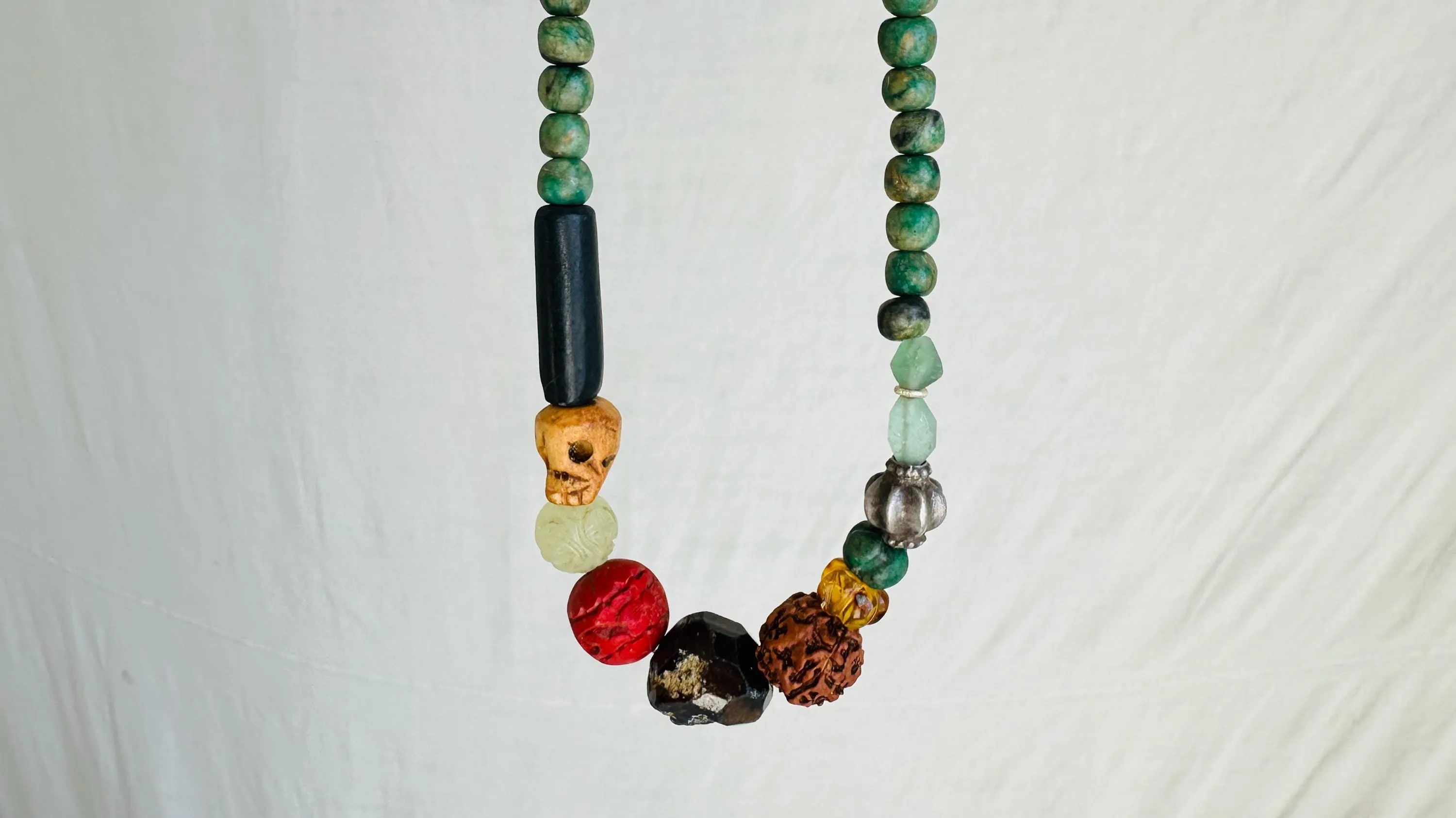 Guatemalita and Assorted Treasures Necklace. Jadeite and Sterling Silver. 2544
