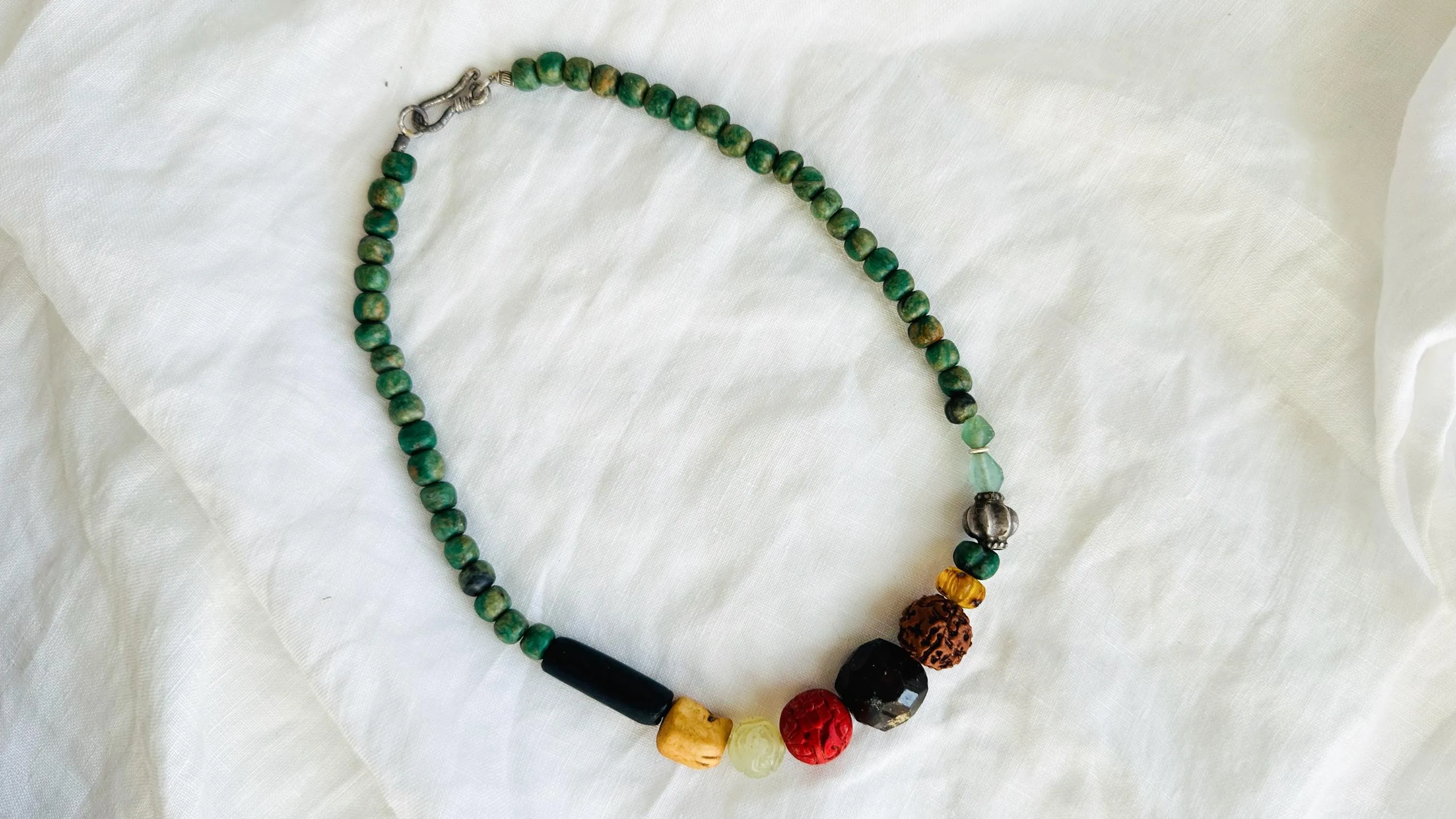 Guatemalita and Assorted Treasures Necklace. Jadeite and Sterling Silver. 2544
