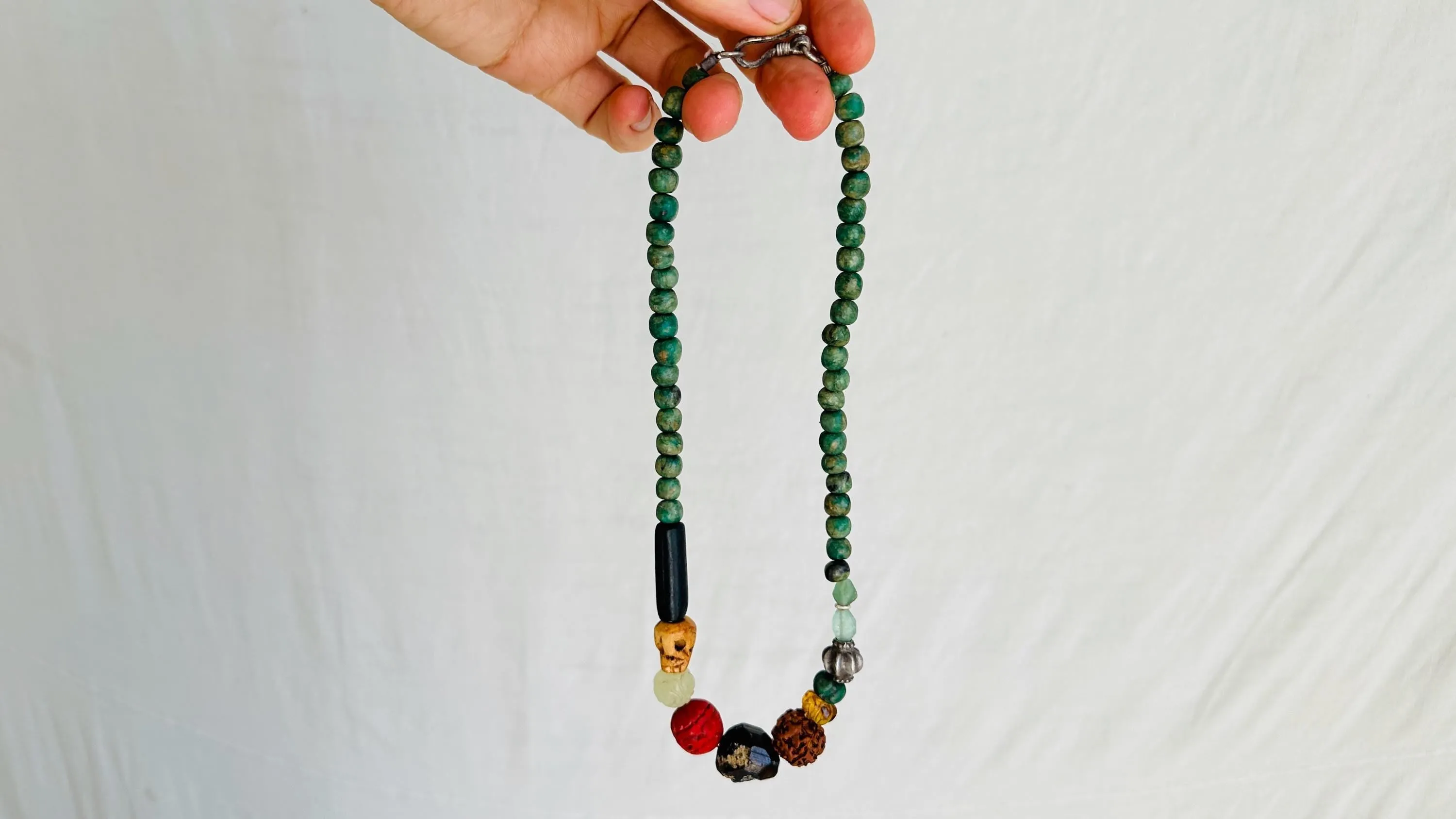 Guatemalita and Assorted Treasures Necklace. Jadeite and Sterling Silver. 2544