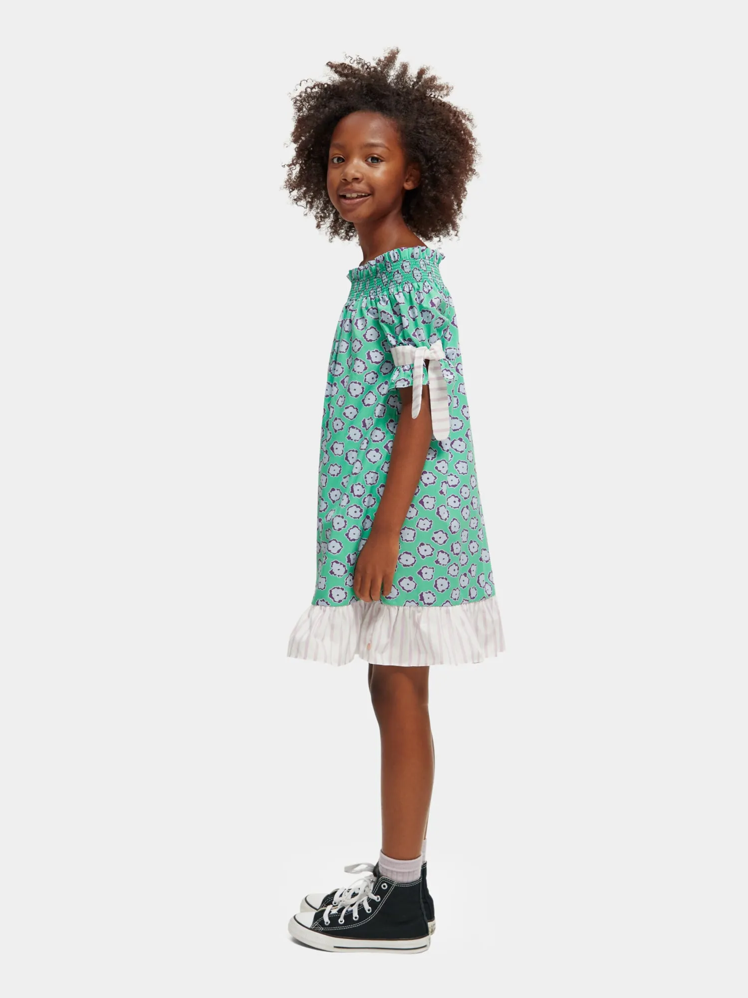 Kids - Printed off-shoulder smocked mini dress