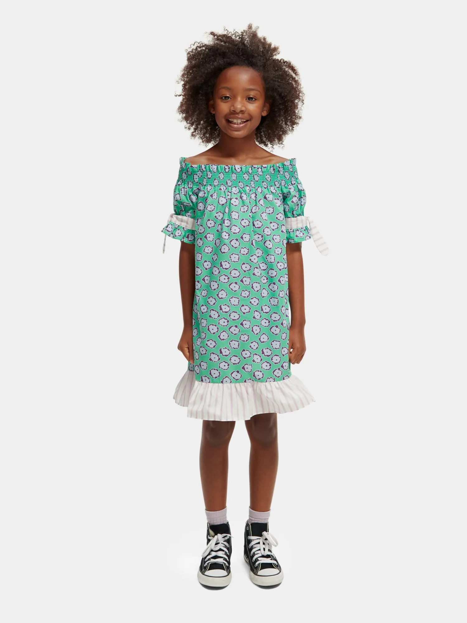 Kids - Printed off-shoulder smocked mini dress