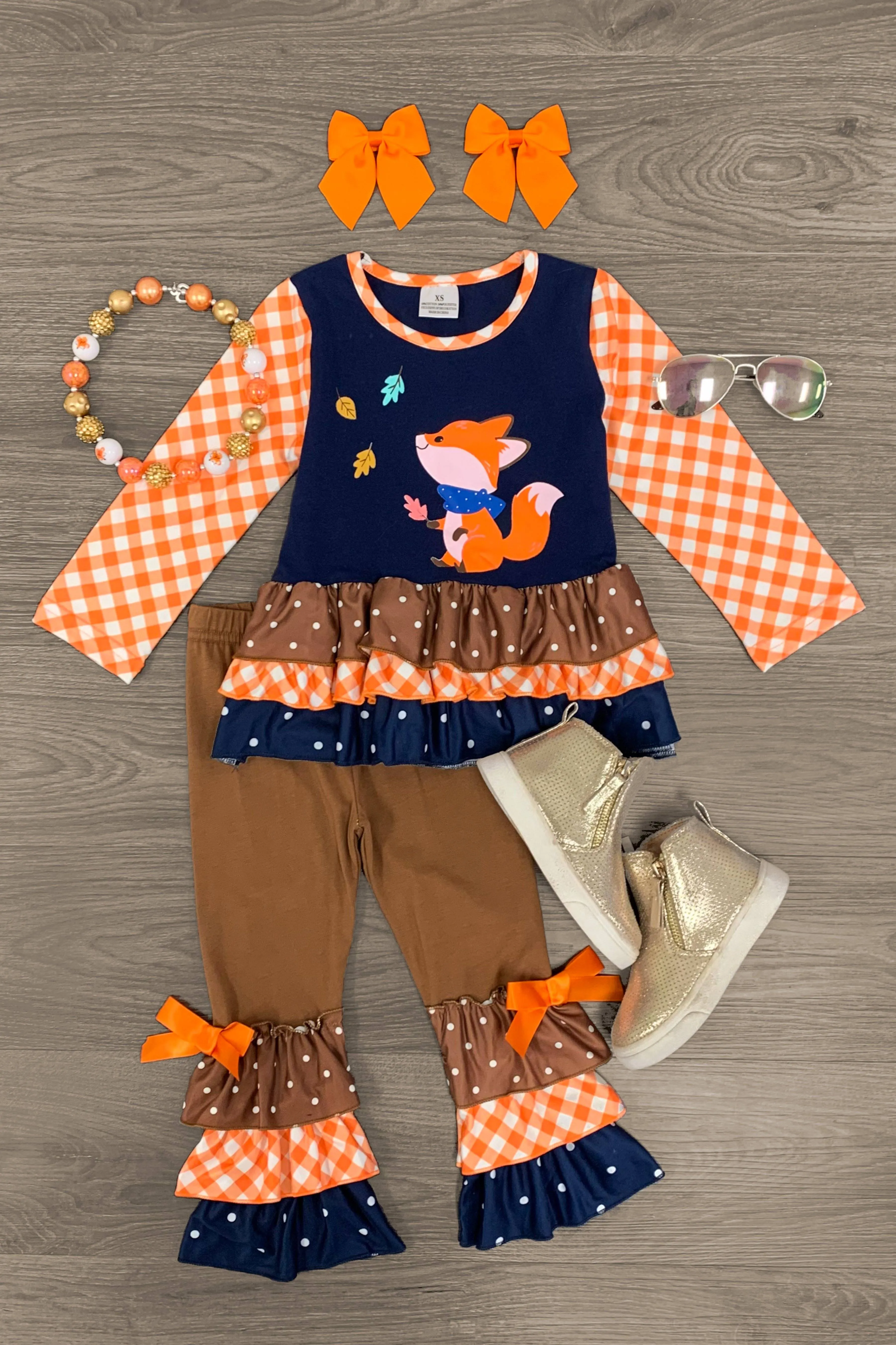 Navy Fox Polka Dot Plaid Pant Set