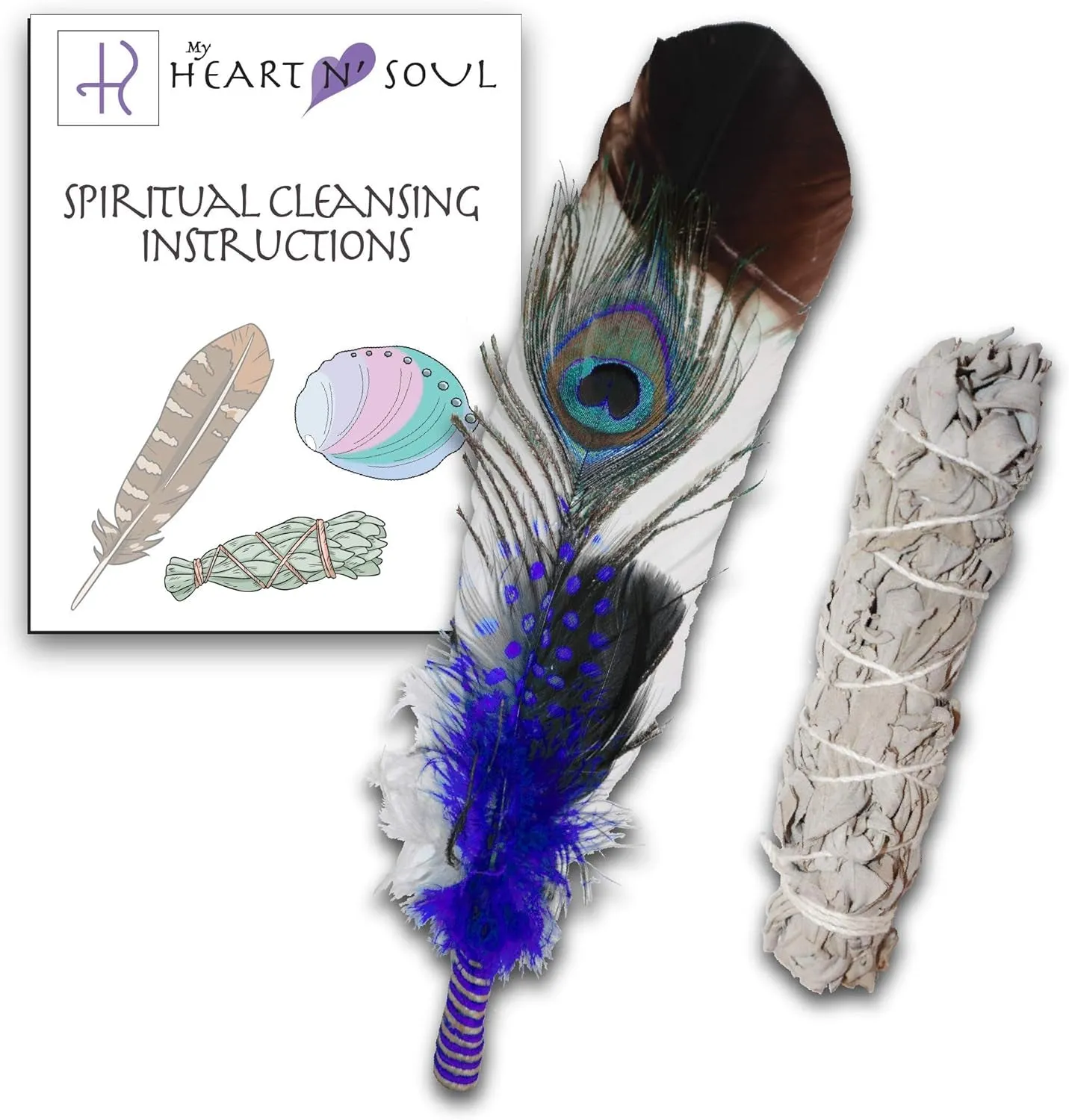 New Smudge Kit with Sage, Turkey and Peacock Feather, Unique Homecrafted Energy Cleansing Clearing Spiritual Practice House Smudging - Detailed Instructions for Beginners (Black/White)