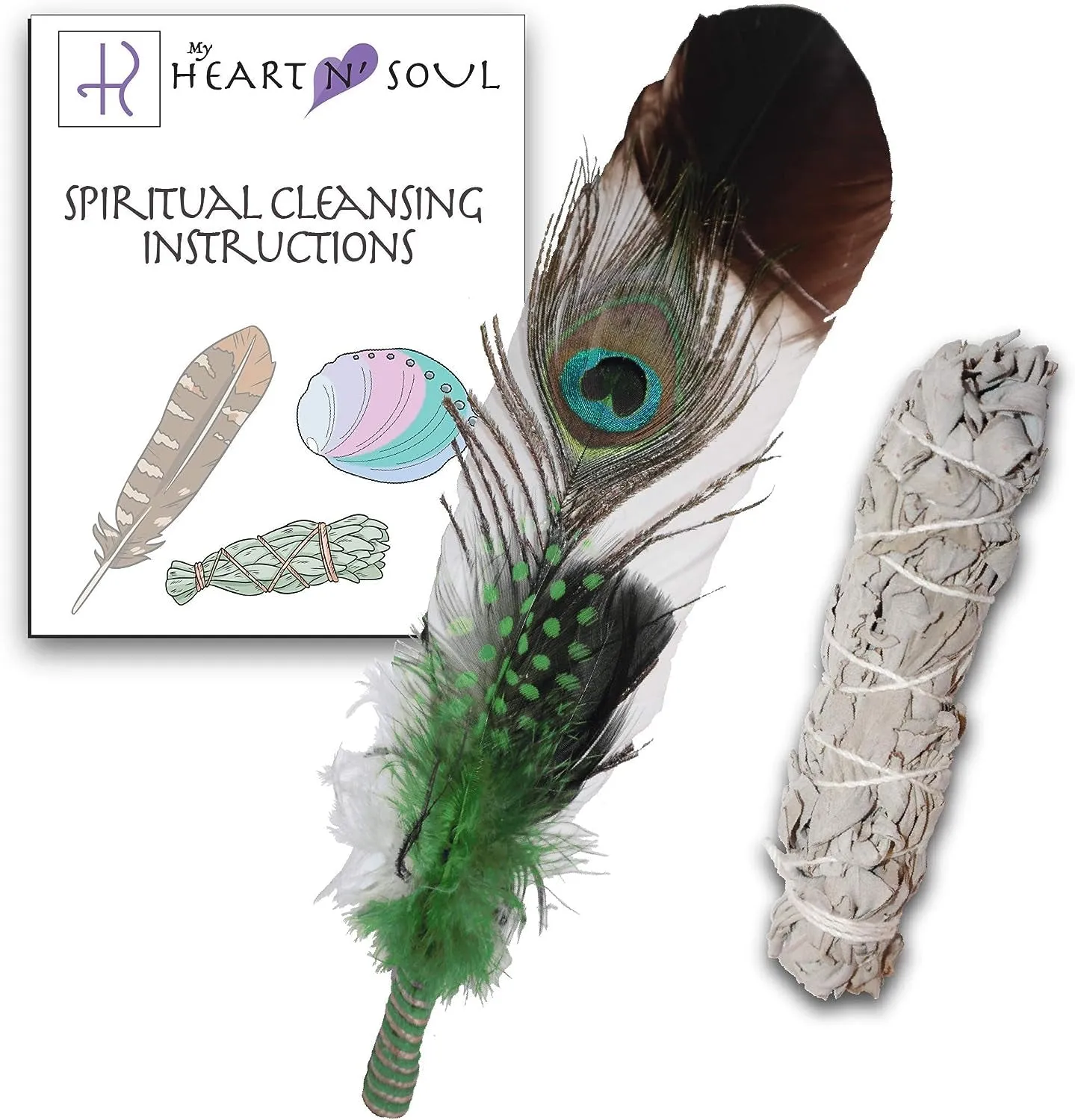 New Smudge Kit with Sage, Turkey and Peacock Feather, Unique Homecrafted Energy Cleansing Clearing Spiritual Practice House Smudging - Detailed Instructions for Beginners (Black/White)