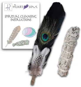 New Smudge Kit with Sage, Turkey and Peacock Feather, Unique Homecrafted Energy Cleansing Clearing Spiritual Practice House Smudging - Detailed Instructions for Beginners (Black/White)