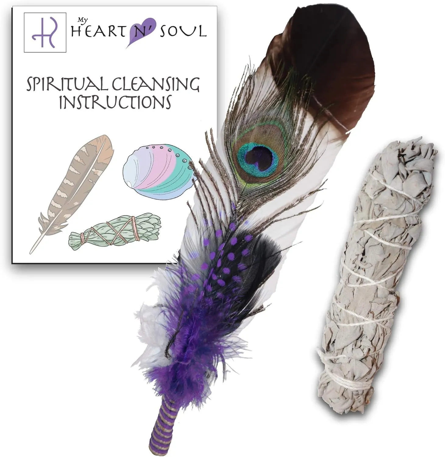 New Smudge Kit with Sage, Turkey and Peacock Feather, Unique Homecrafted Energy Cleansing Clearing Spiritual Practice House Smudging - Detailed Instructions for Beginners (Black/White)