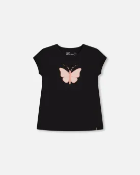 Organic Cotton Top With Applique Black And Pink Butterfly