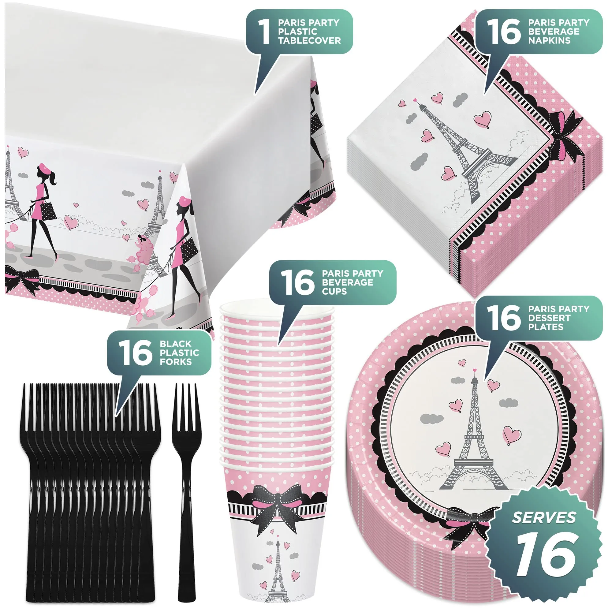 Paris Party Supplies - French Theme Paper Dessert Plates, Beverage Napkins, Cups, Forks, and Table Cover Set (Serves 16)