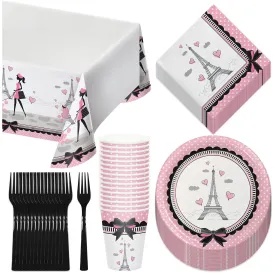 Paris Party Supplies - French Theme Paper Dessert Plates, Beverage Napkins, Cups, Forks, and Table Cover Set (Serves 16)