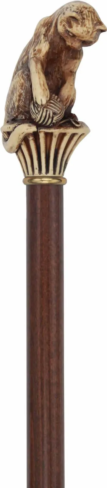 Scratch and Dent Sepia Cat Walking Stick With Beechwood Shaft and Brass Collar V2405