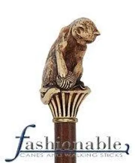 Scratch and Dent Sepia Cat Walking Stick With Beechwood Shaft and Brass Collar V2405