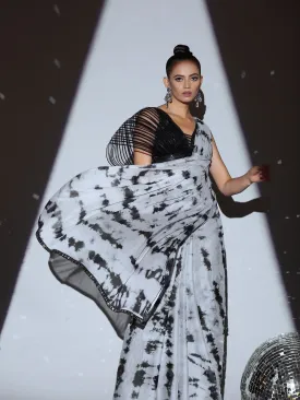 SET | Black White Tie Dye Saree   Black impressions blouse