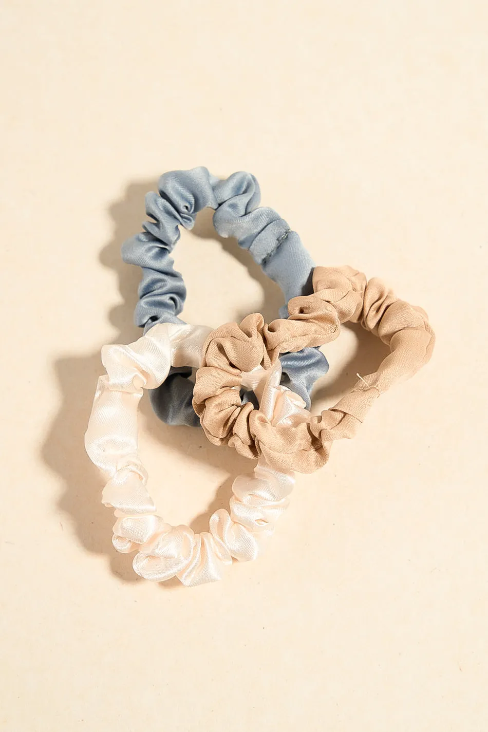Small Blue  White Beige Set of 3 Scrunchies