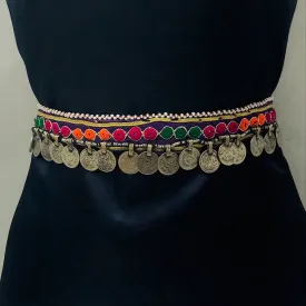 Tribal Belly Dance Belt, Belly Belt, Vintage Multicolor Belt With Thread Work and Coins, Boho Belly Belt With Vintage Coins