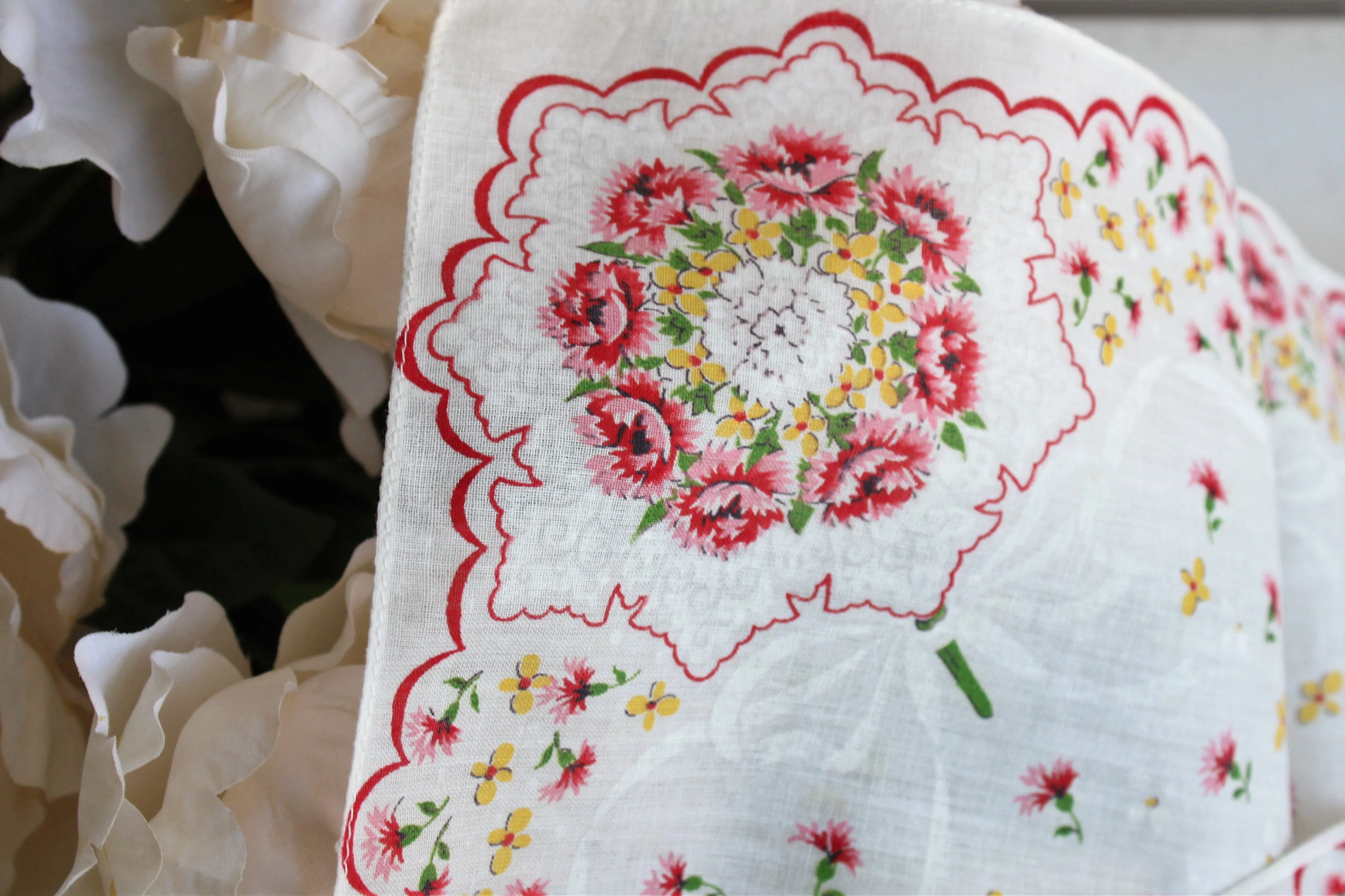 Vintage Pink and Yellow Floral Print Hankie