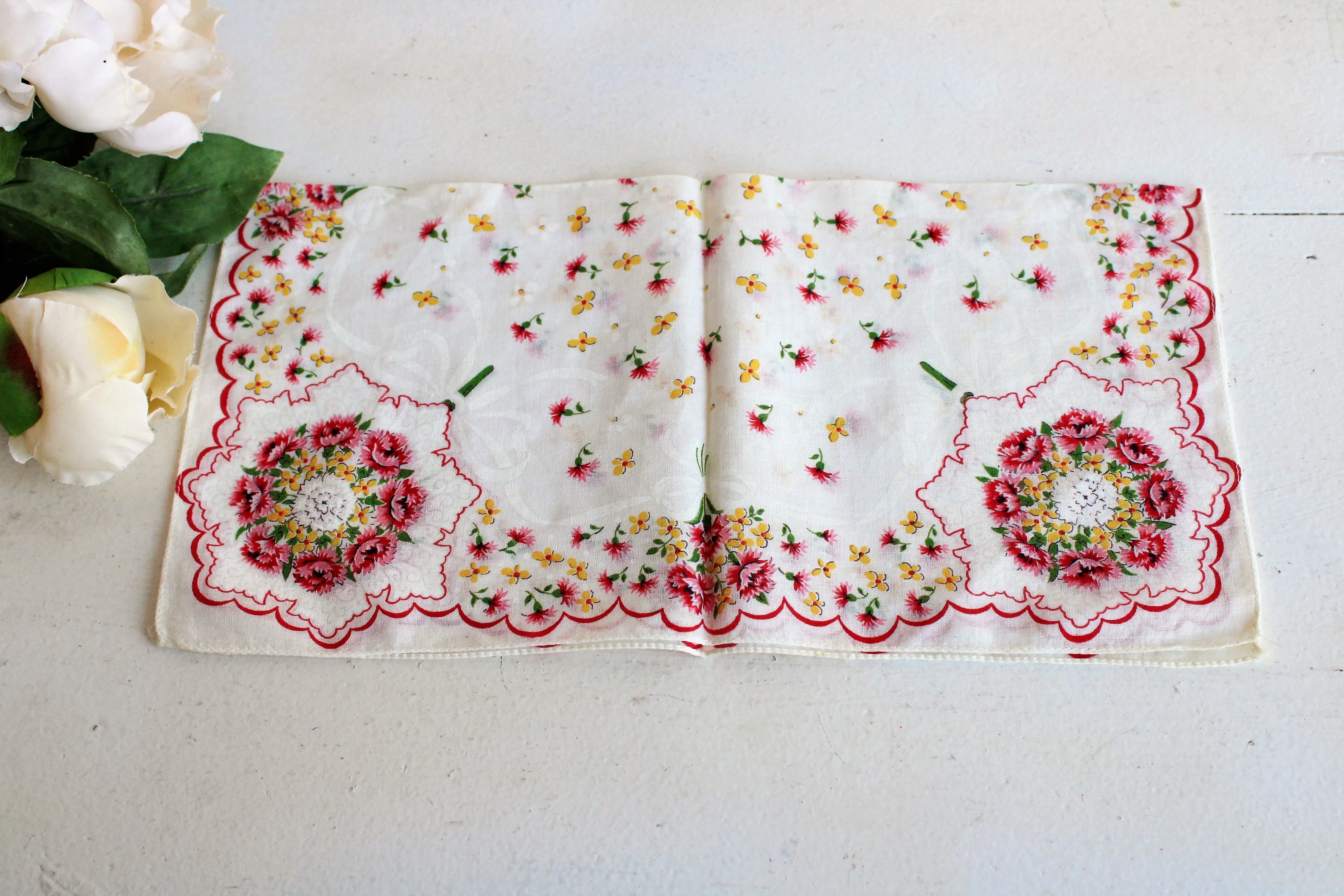Vintage Pink and Yellow Floral Print Hankie