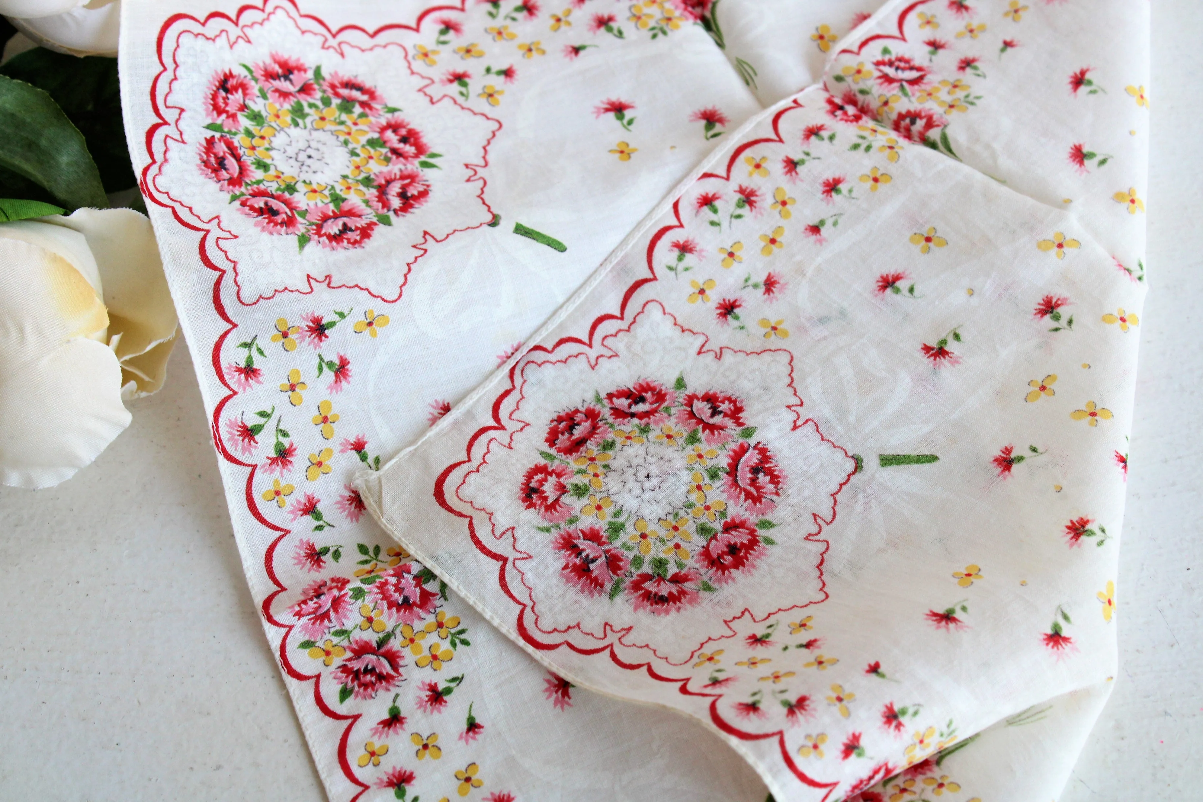 Vintage Pink and Yellow Floral Print Hankie