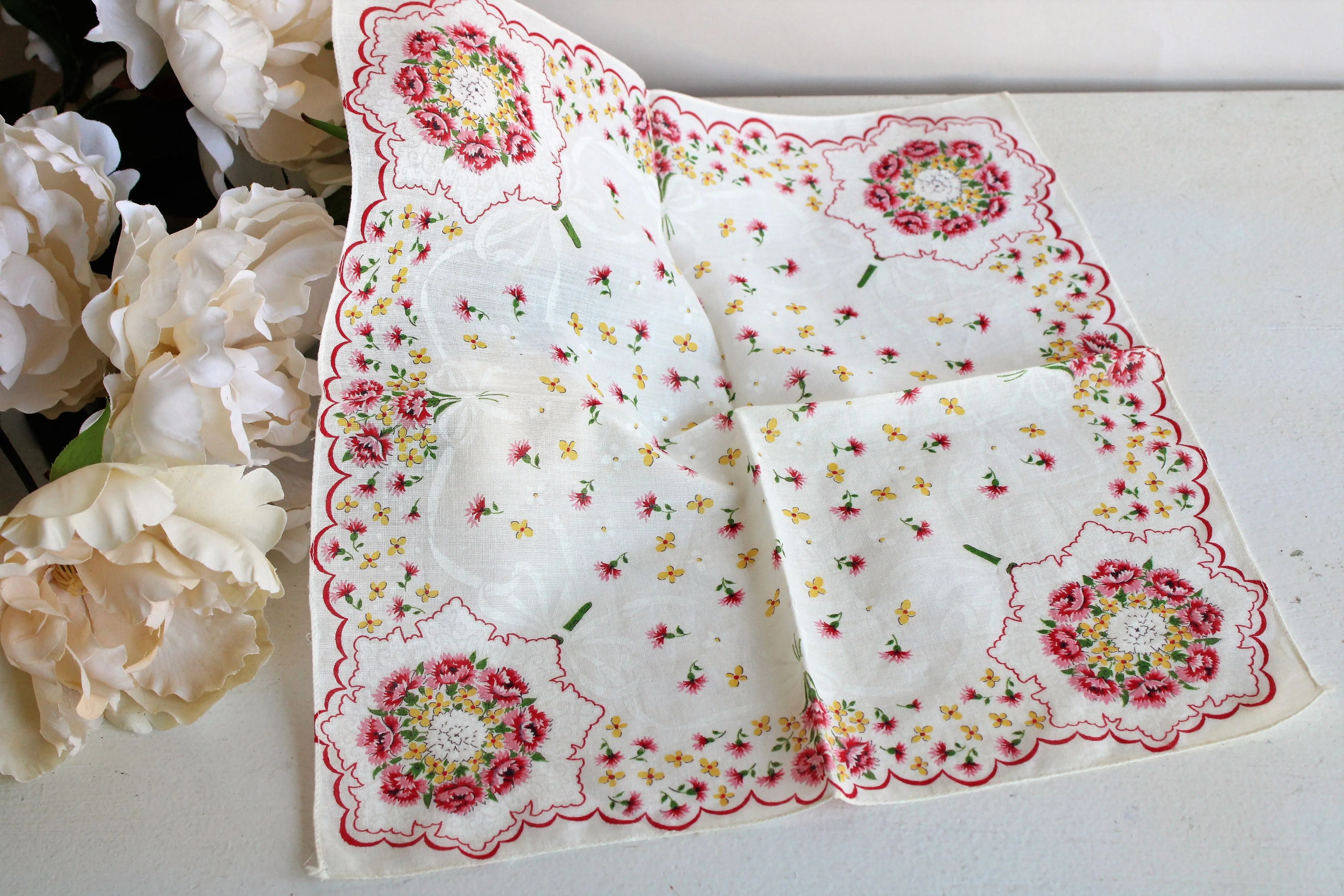 Vintage Pink and Yellow Floral Print Hankie